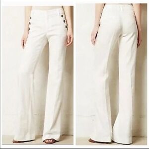 Elevenses Brighton Anthropologie Pants‎ Sz 2 Off-White Linen Sailor Wide Leg